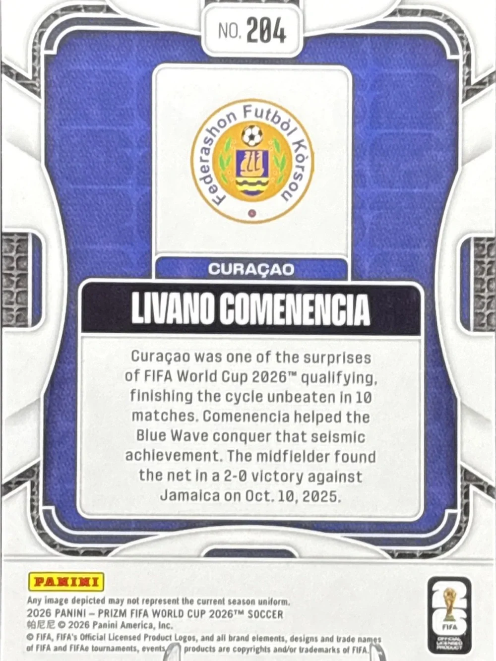 Panini Livano Comenencia Rookie Curaçao Card